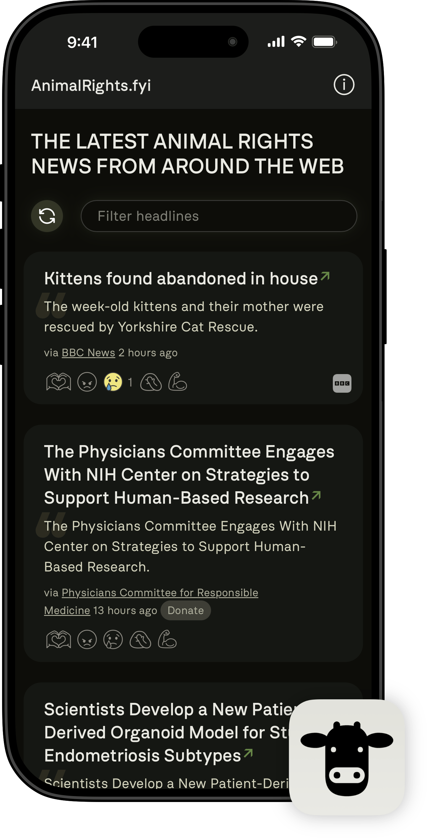 Mockup of AnimalRights.fyi in iPhone 16 case