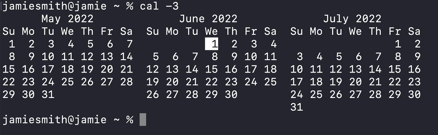Running 'cal -3' returns a calendar comprising the previous month, current month and next month.