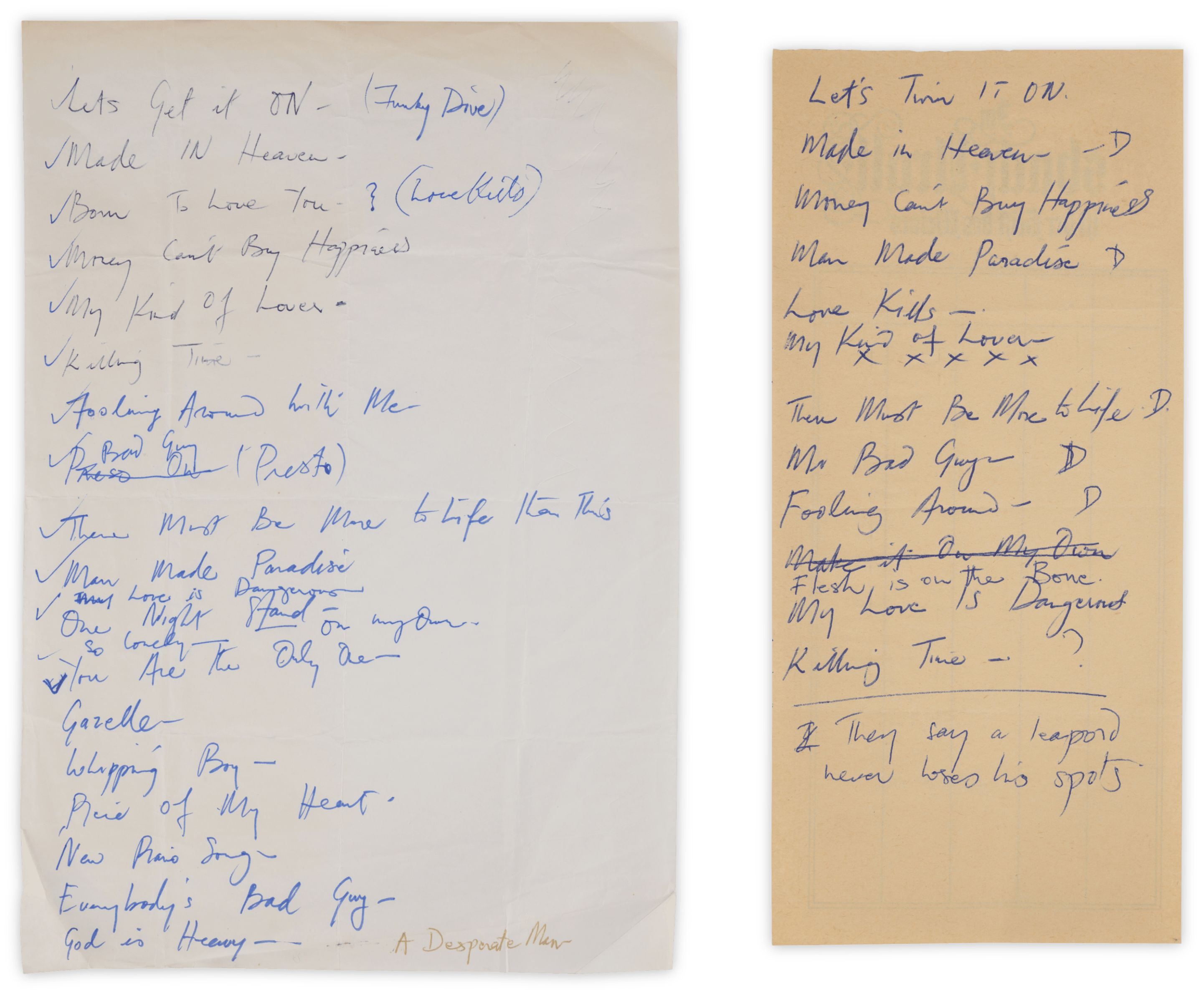 Two listings of tracks worked on during the sessions for Freddie Mercury’s 1985 album ‘Mr Bad Guy’.