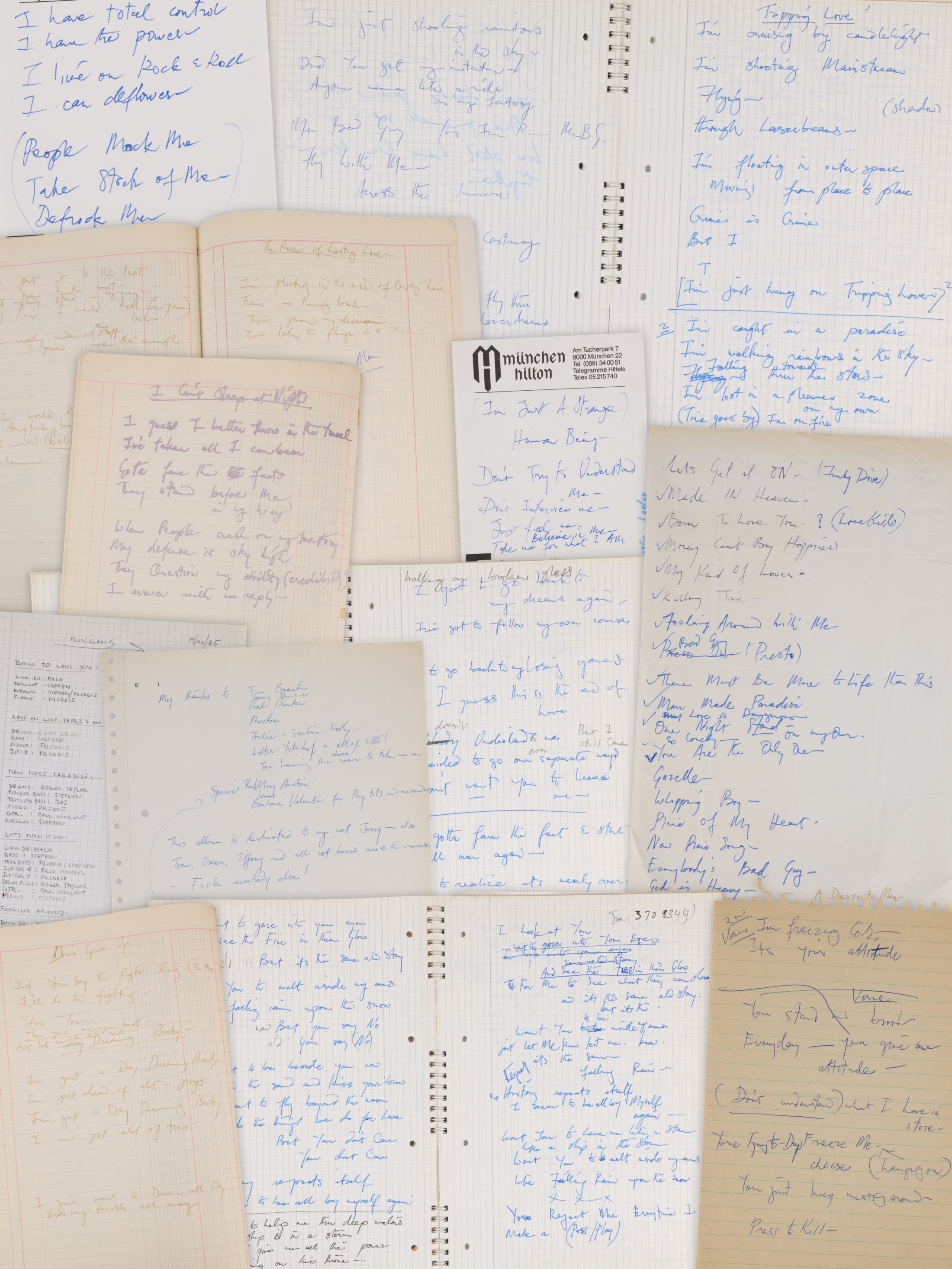 A collage of hand-written lyrics and other documents from an auction of materials related to Freddie Mercury’s 1985 album ‘Mr Bad Guy’. Some lyrics appear to be for previously unknown songs.