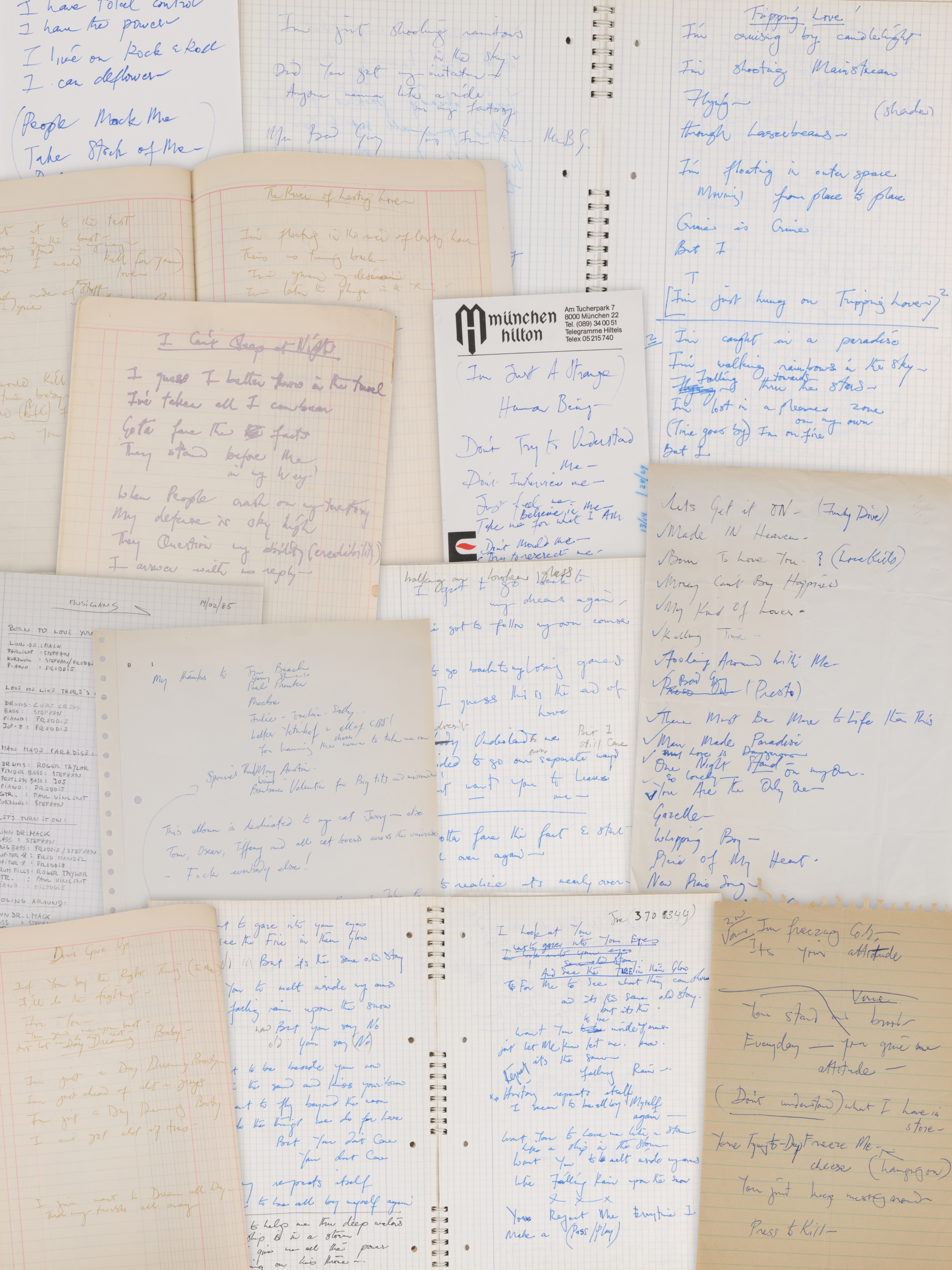 A collage of hand-written lyrics and other documents from an auction of materials related to Freddie Mercury’s 1985 album ‘Mr Bad Guy’. Some lyrics appear to be for previously unknown songs.