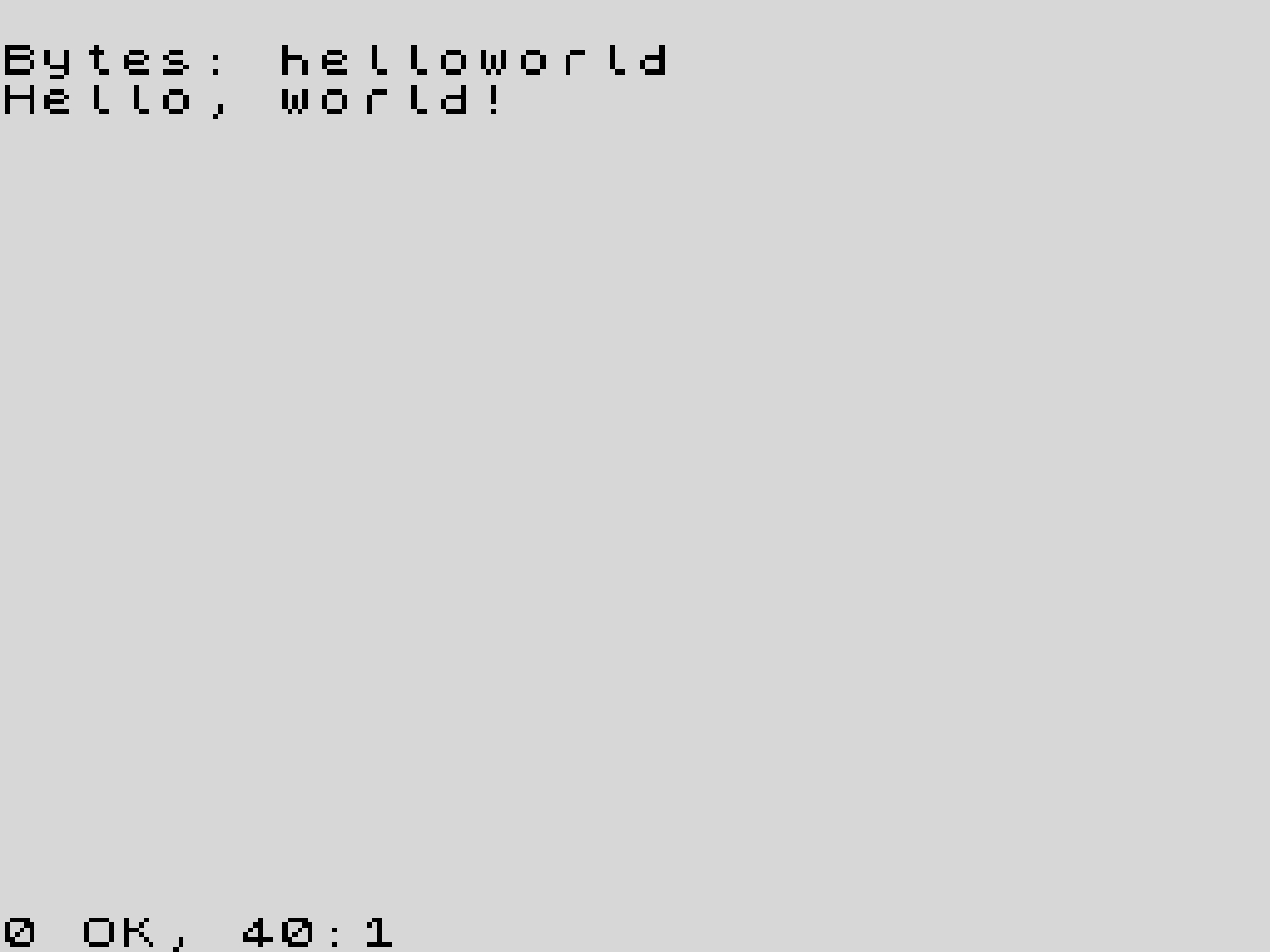 Screenshot of the ‘Hello, world’ program running on a Sinclair ZX Spectrum Next