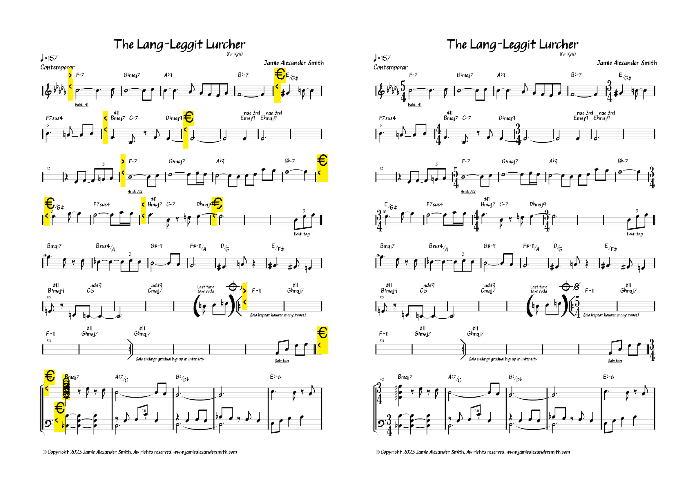 Side-by-side comparison of my score for ‘The Lang-Leggit Lurcher’, with rendering issues (on the left; problematic glyphs highlighted in yellow), and rendered properly (on the right) after installing the AScore font on my Mac.