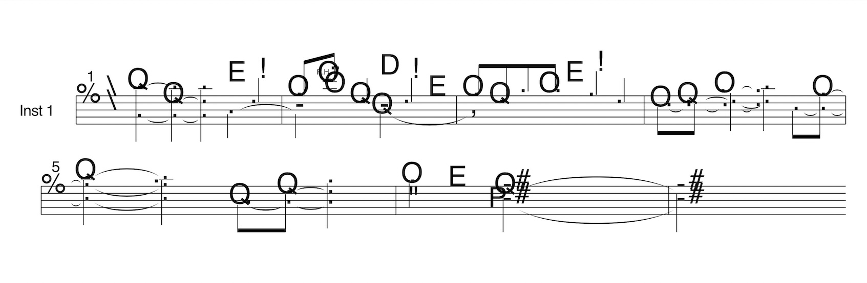 Part of the ‘Lang-Leggit Lurcher’ score exported from Logic as a PDF then opened in Affinity, showing numerous missing glyphs due to the missing AScore font.