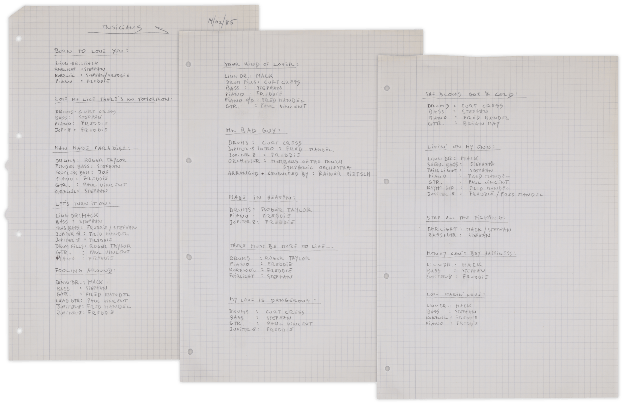 Three sheets of paper detailing who played what instruments on Freddie Mercury’s ‘Mr Bad Guy’ album.