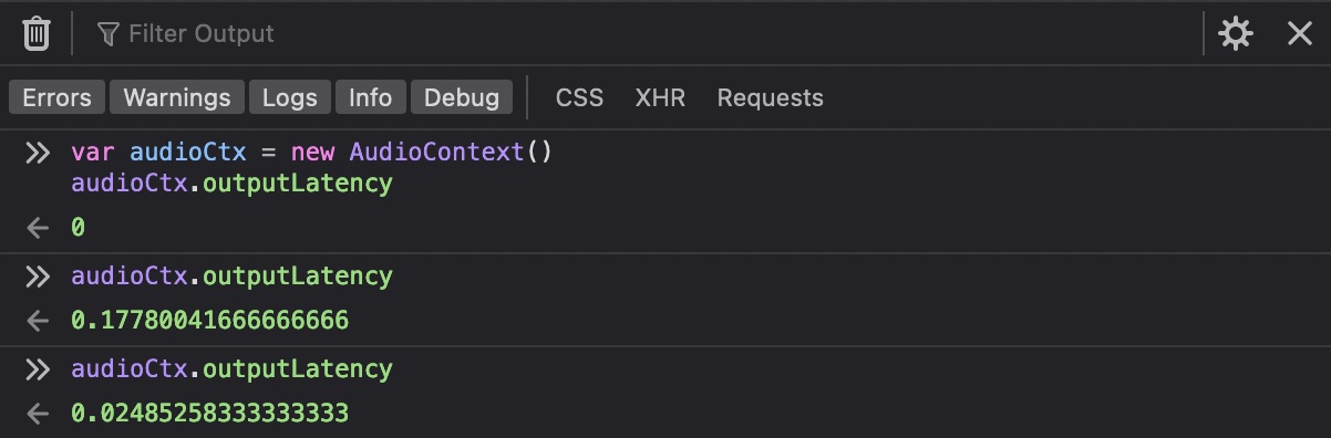 Testing the outputLatency property of the Web Audio API AudioContext when interface the audio output is set to the MacBook’s built-in speakers vs AirPods.