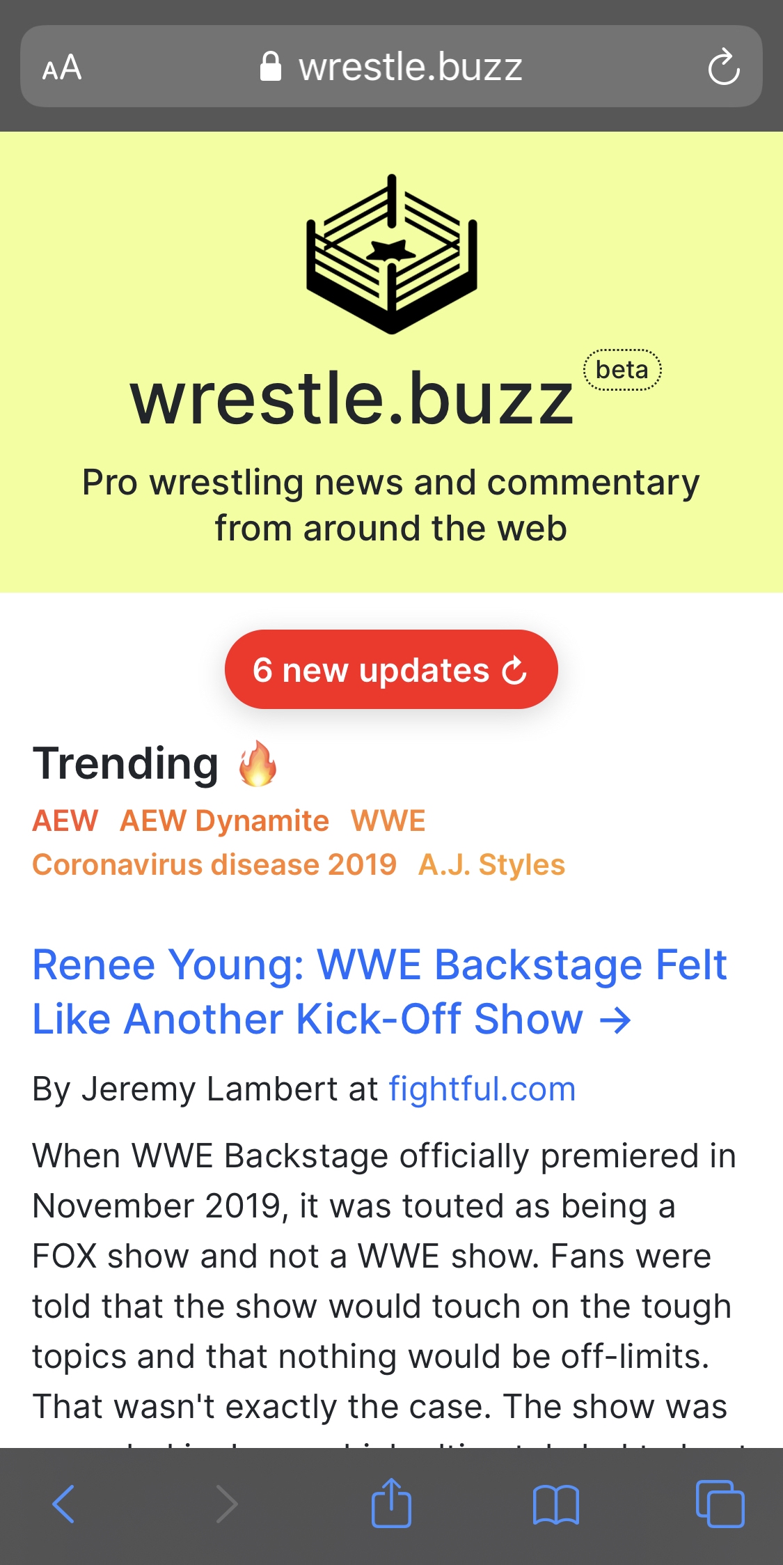 Screenshot of wrestle.buzz showing button notification that new stories are available